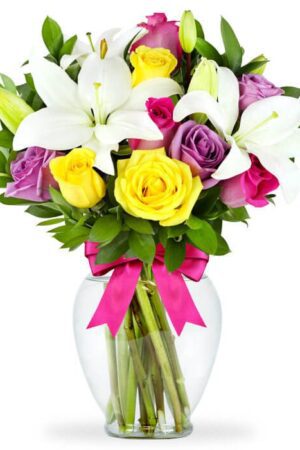Florero con Rosas de Colores y Lilis Blancas # 2104