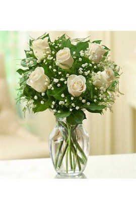 6 Rosas Blancas en florero de cristal # S1409 - Floreria Briceida - Obregon  Sonora