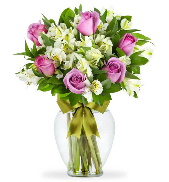 6 Rosas moradas y astromedia en florero de cristal #9903 - Floreria  Briceida - Obregon Sonora